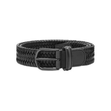 Black Leather Tubular Woven Stretch Belt