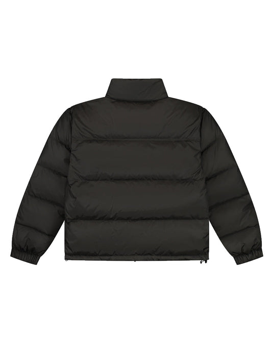 Black puffer jacket shown from the back on a white background