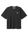 Black t-shirt with a small white logo on a white background