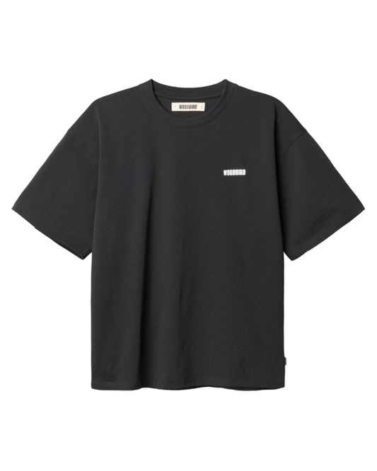 Black t-shirt with a small white logo on a white background