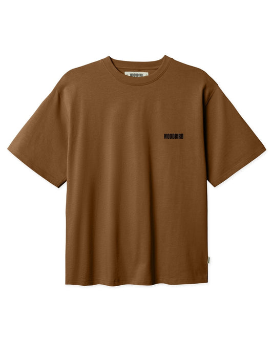 Brown t-shirt with a small logo on a white background