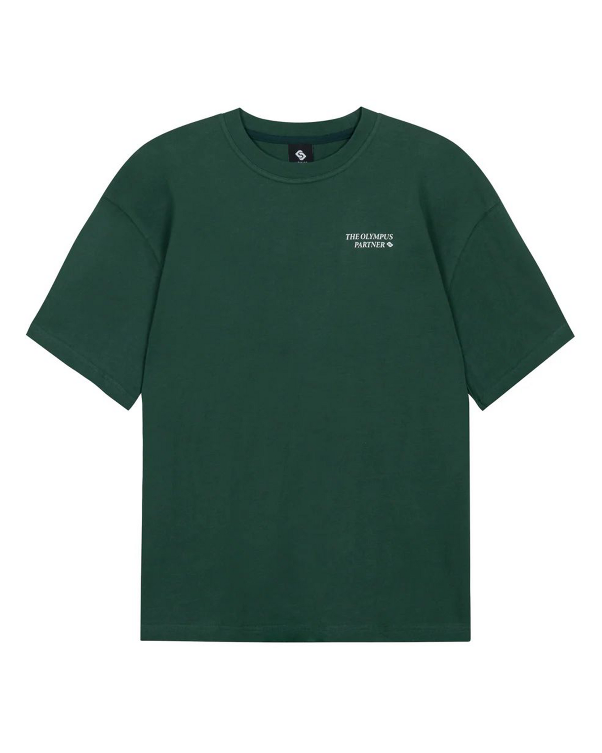 Green t-shirt with a small logo on a white background