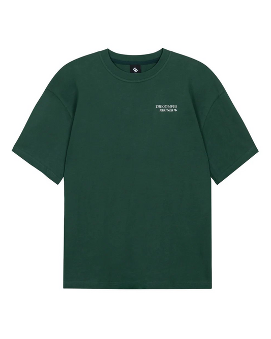 Green t-shirt with a small logo on a white background