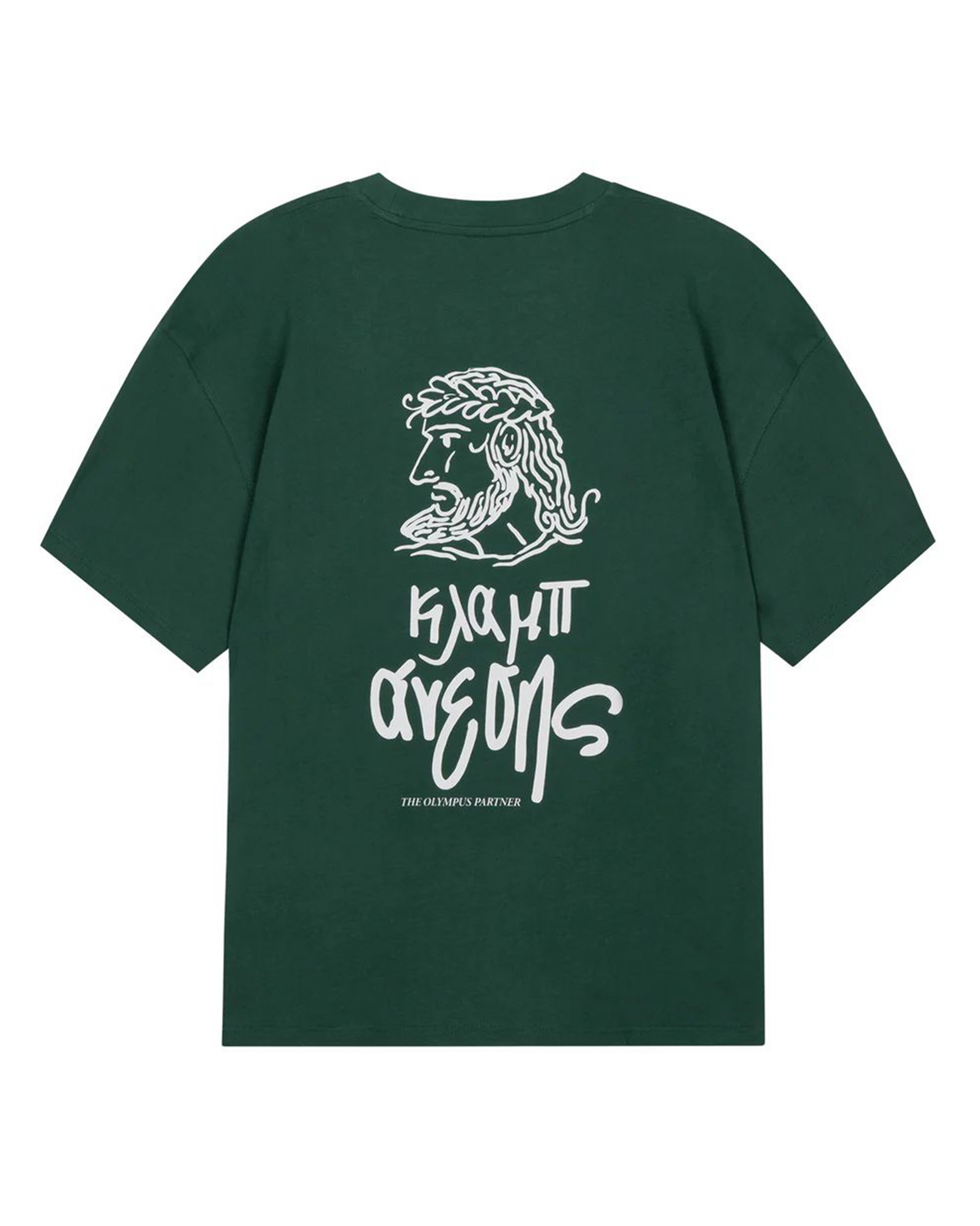Green t-shirt with white graphic design on a white background