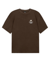 Brown t-shirt with a white logo on a white background