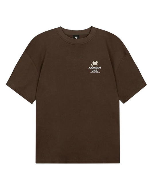 Brown t-shirt with a white logo on a white background