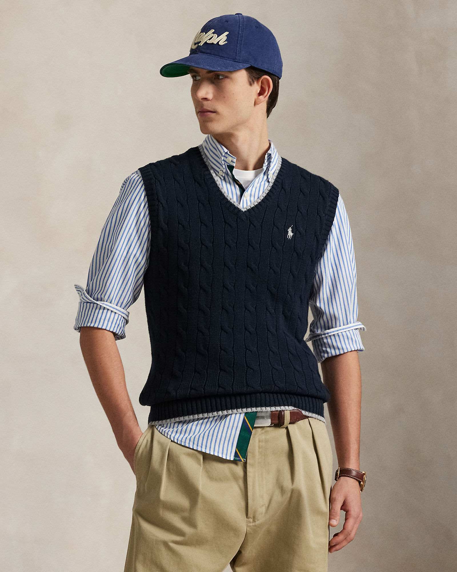 CABLE-KNIT COTTON SWEATER VEST hunter navy