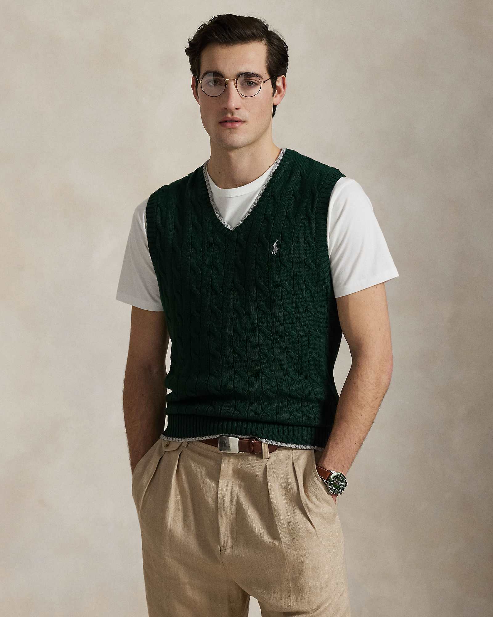 College Green Cable-Knit Cotton Sweater