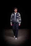 Navy Grey Tonal Patchwork Wool Blend Zip Through Cardigan
