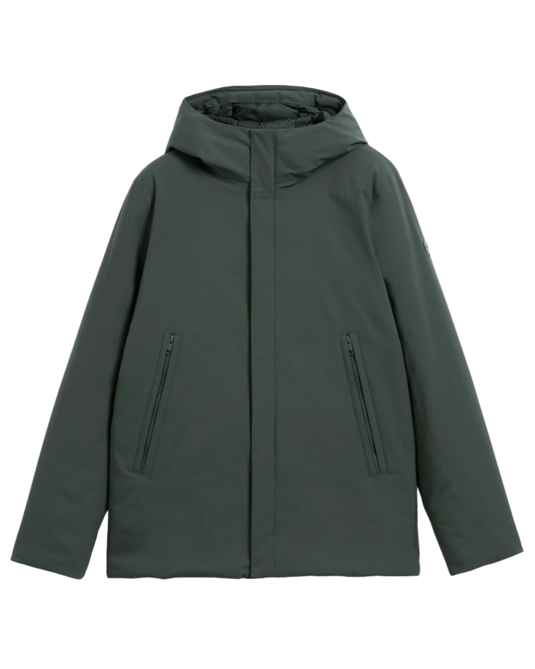 Green hooded jacket with zippers on a white background