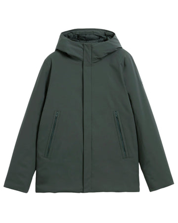 Green hooded jacket with zippers on a white background