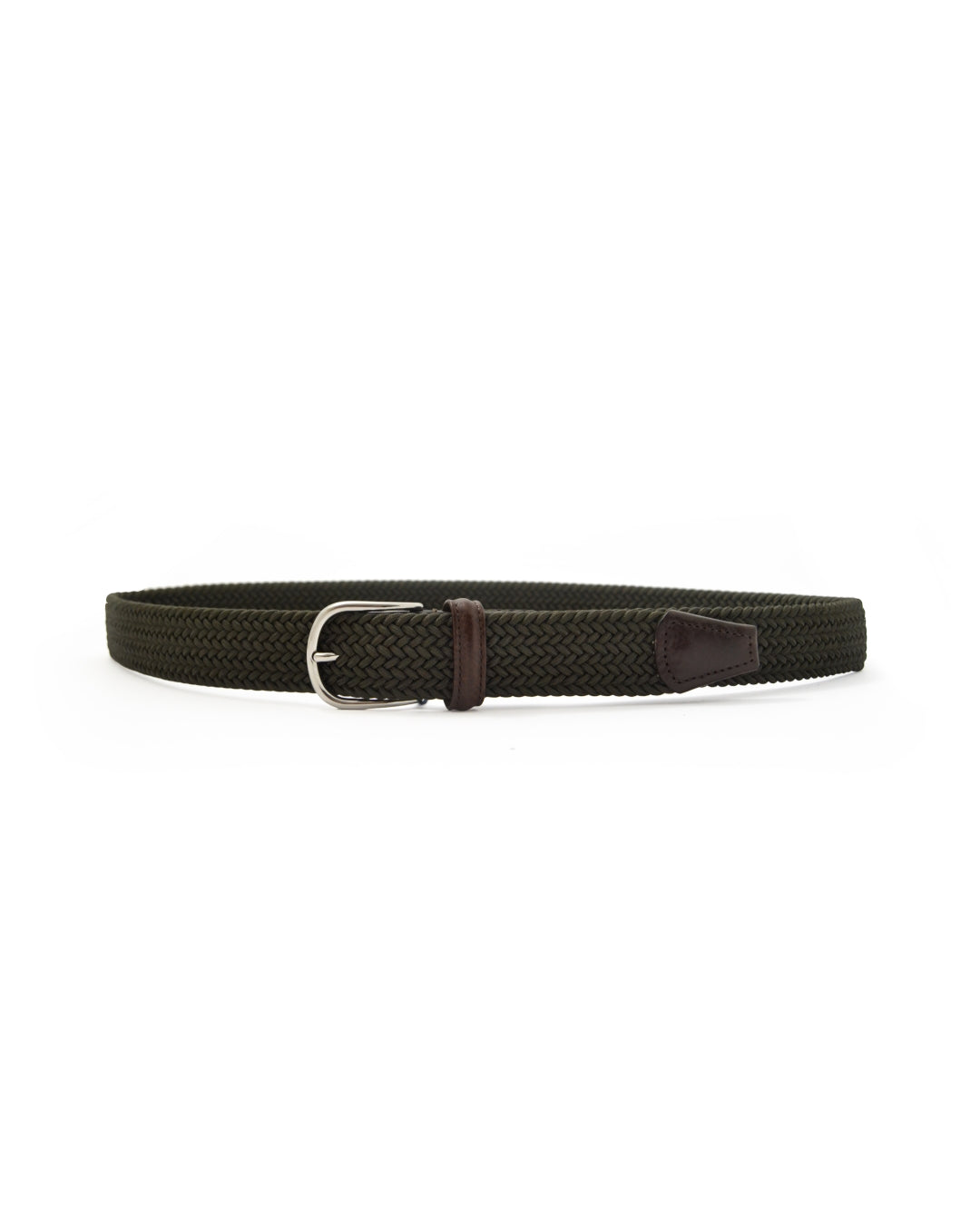 Army Green Tubular Woven Silver Buckle Stretch Belt