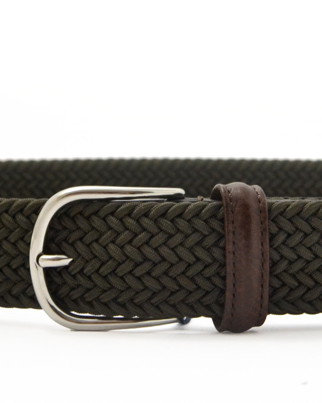 Army Green Tubular Woven Silver Buckle Stretch Belt