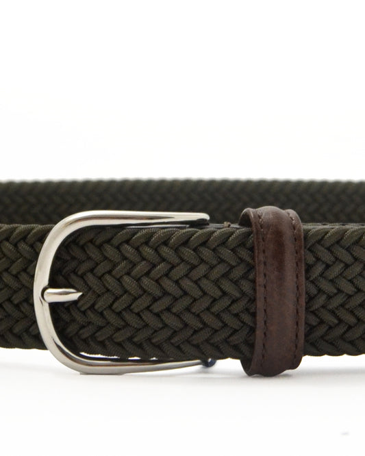 Army Green Tubular Woven Silver Buckle Stretch Belt