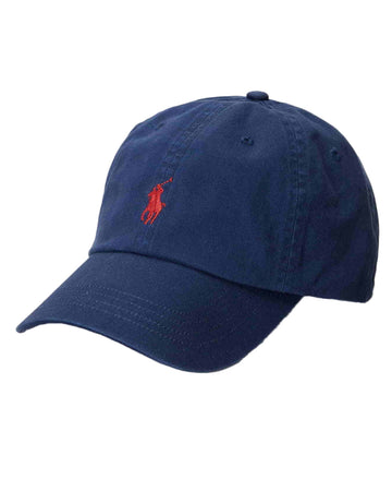 Navy blue cap with a red logo on a white background