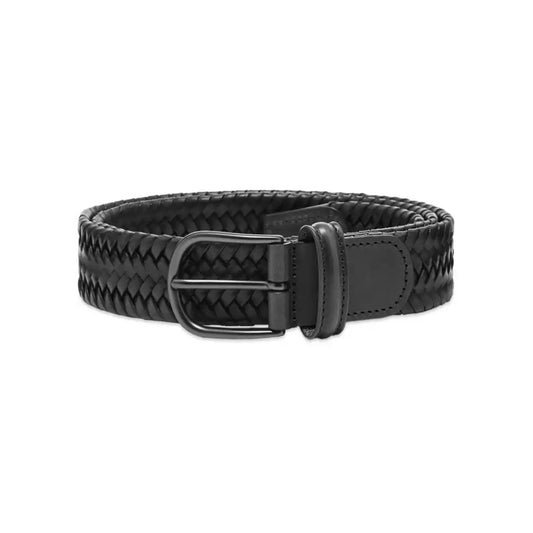 Black Leather Tubular Woven Stretch Belt