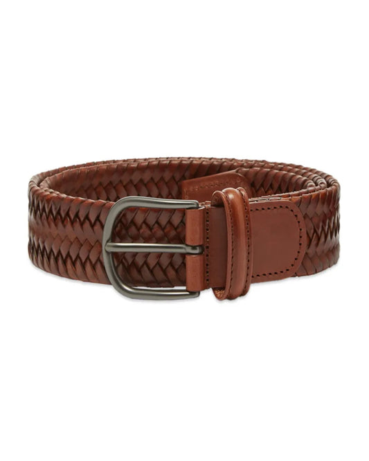 Cognac Leather Tubular Woven Stretch Belt