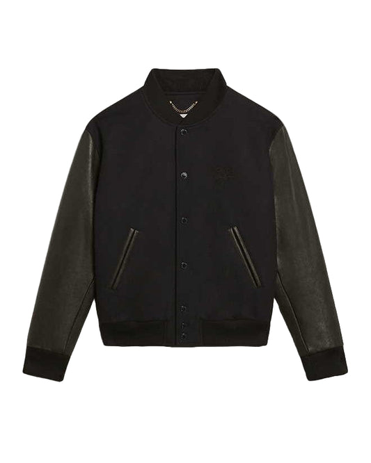 Black varsity jacket with leather sleeves  Golden Goose