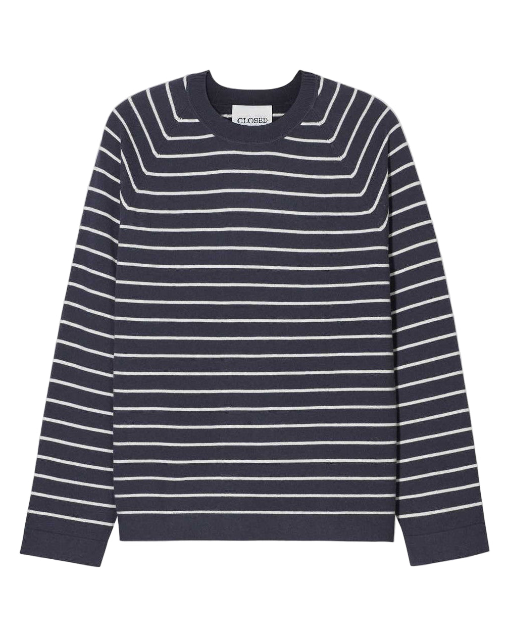 Navy and white striped sweater Closed