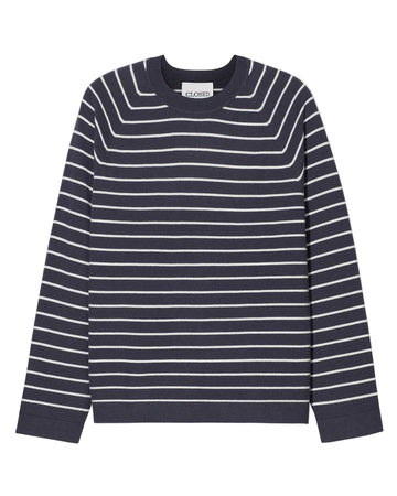 Navy and white striped sweater Closed