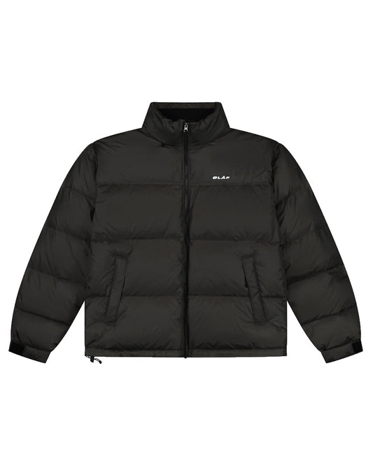 Black puffer jacket on a white background
