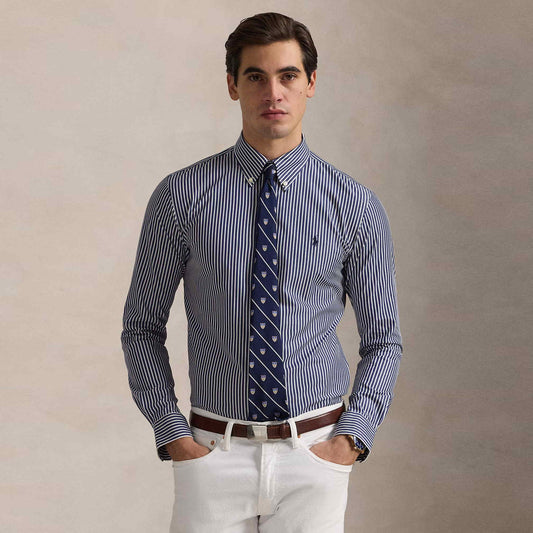 Slim Fit Striped Stretch Poplin Shirt New Classic Navy  White