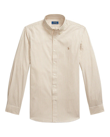 Costal Beige White Custom Fit Striped Stretch Poplin Shirt