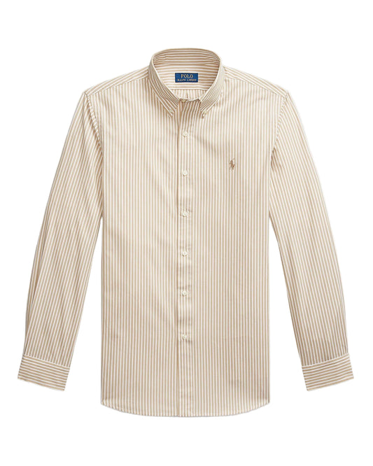 Costal Beige White Custom Fit Striped Stretch Poplin Shirt