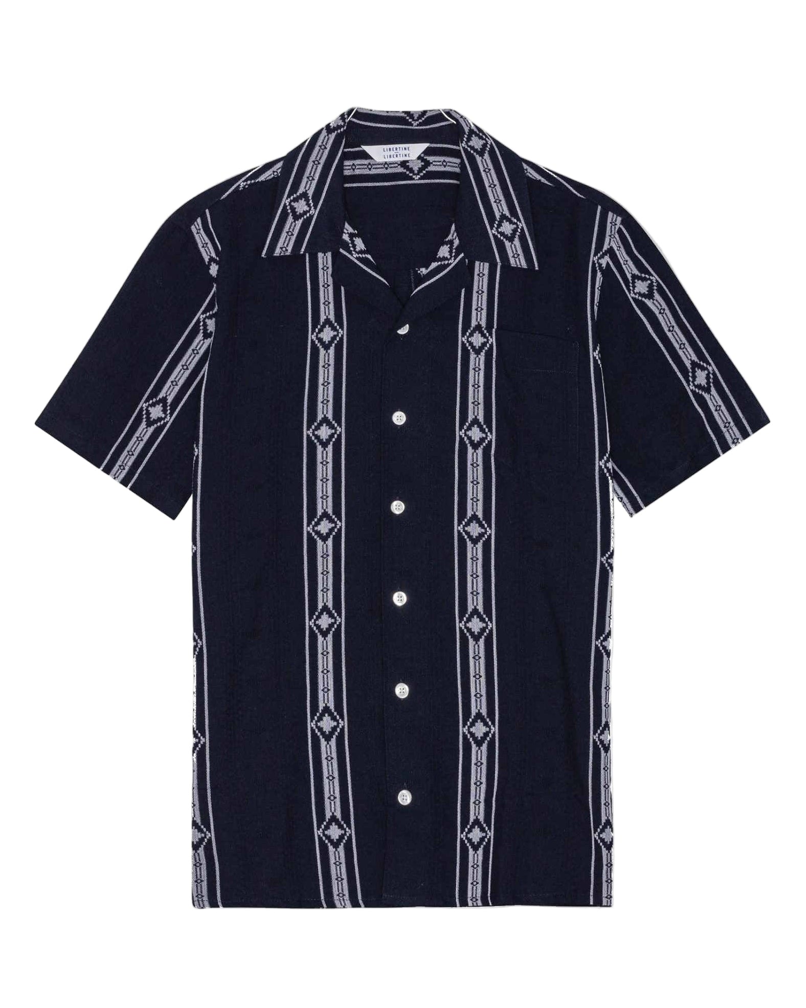 Black short-sleeve shirt with white geometric pattern 