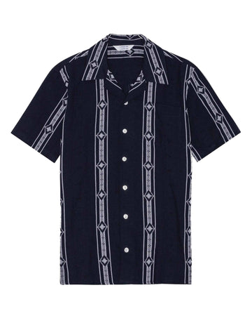 Black short-sleeve shirt with white geometric pattern 
