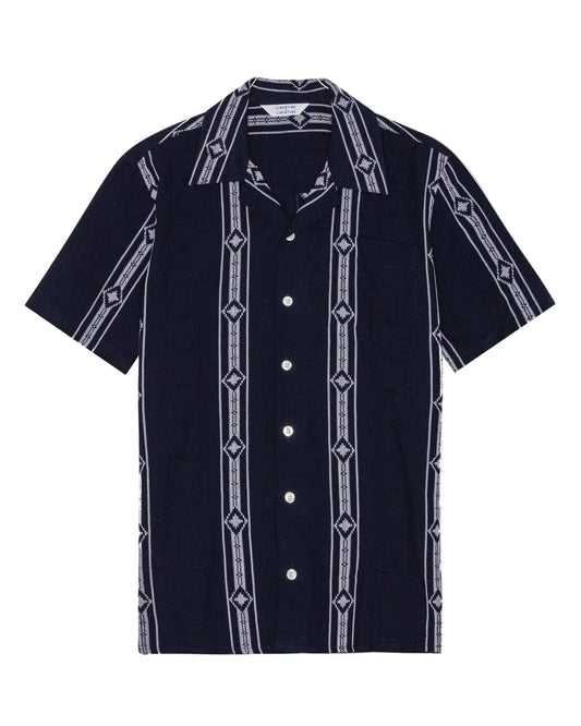 Black short-sleeve shirt with white geometric pattern 