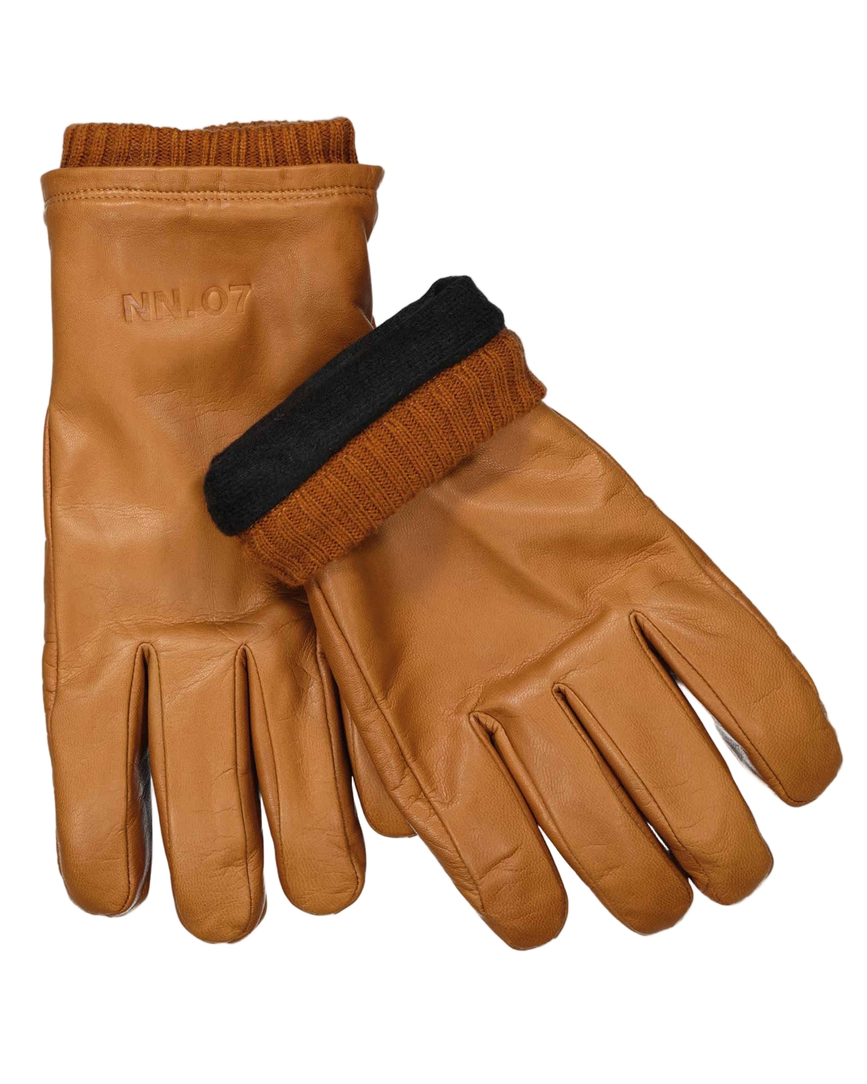 Pair of brown leather gloves with a visible brand logo NN07