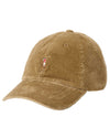 Brown corduroy cap with a small embroidered logo on a white background