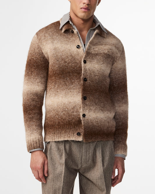 Alfie Wool Knit Polo Cardigan Camel Stripe