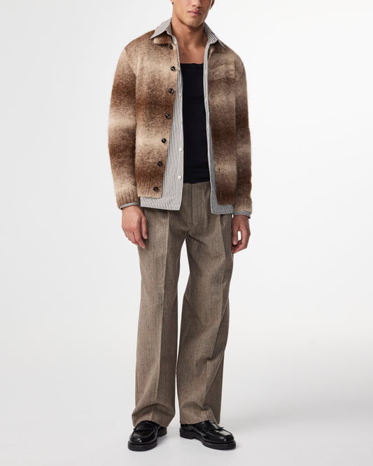 Alfie Wool Knit Polo Cardigan Camel Stripe