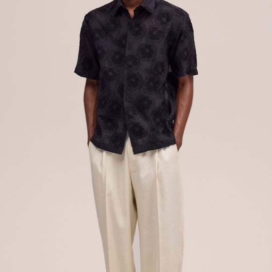 Black Freddy SS NO PKT Yam Dyed Satin Dobby Weave Shirt