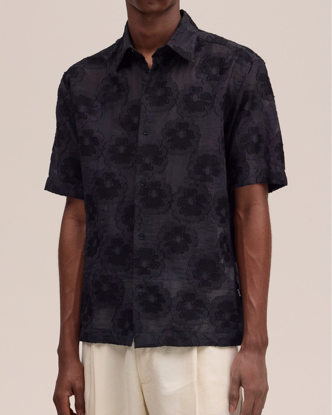 Black Freddy SS NO PKT Yam Dyed Satin Dobby Weave Shirt