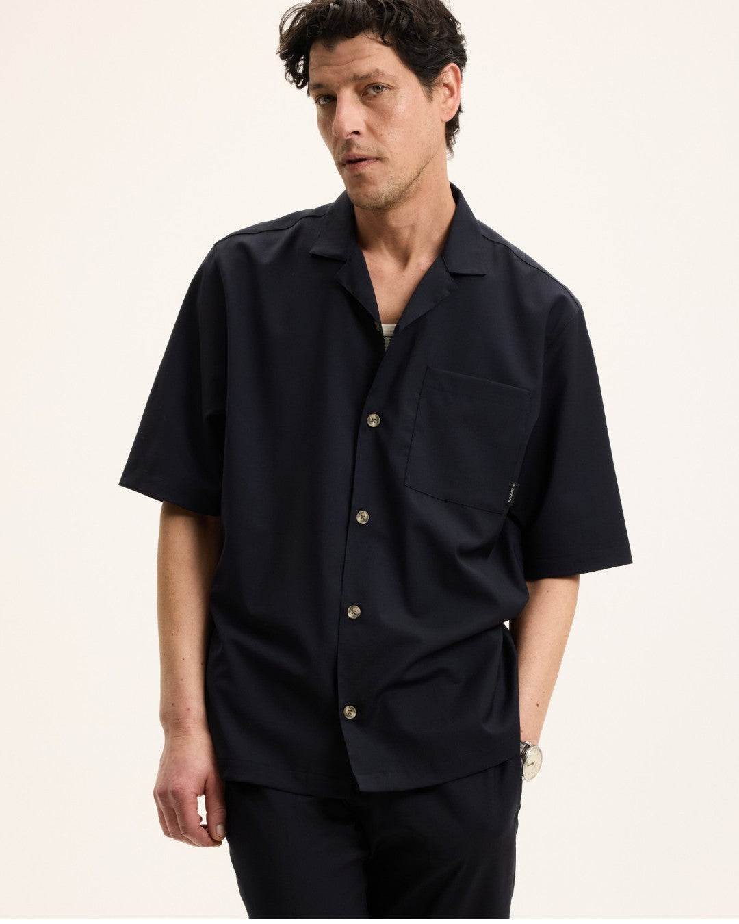 Navy Sage Wool-Linen Blend Shirt