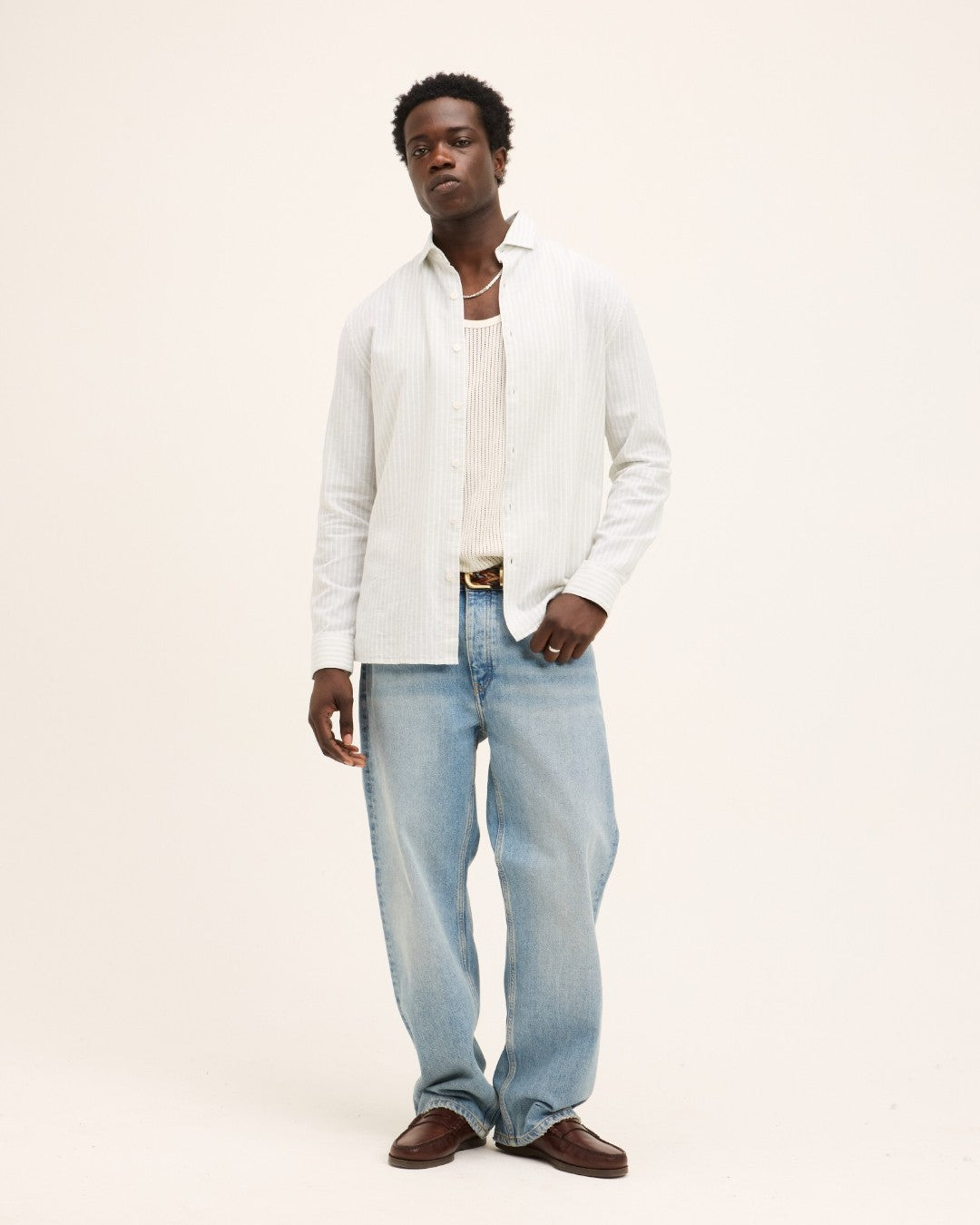 Mint Green Off White Subway Linen Blend Shirt