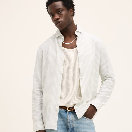Mint Green Off White Subway Linen Blend Shirt