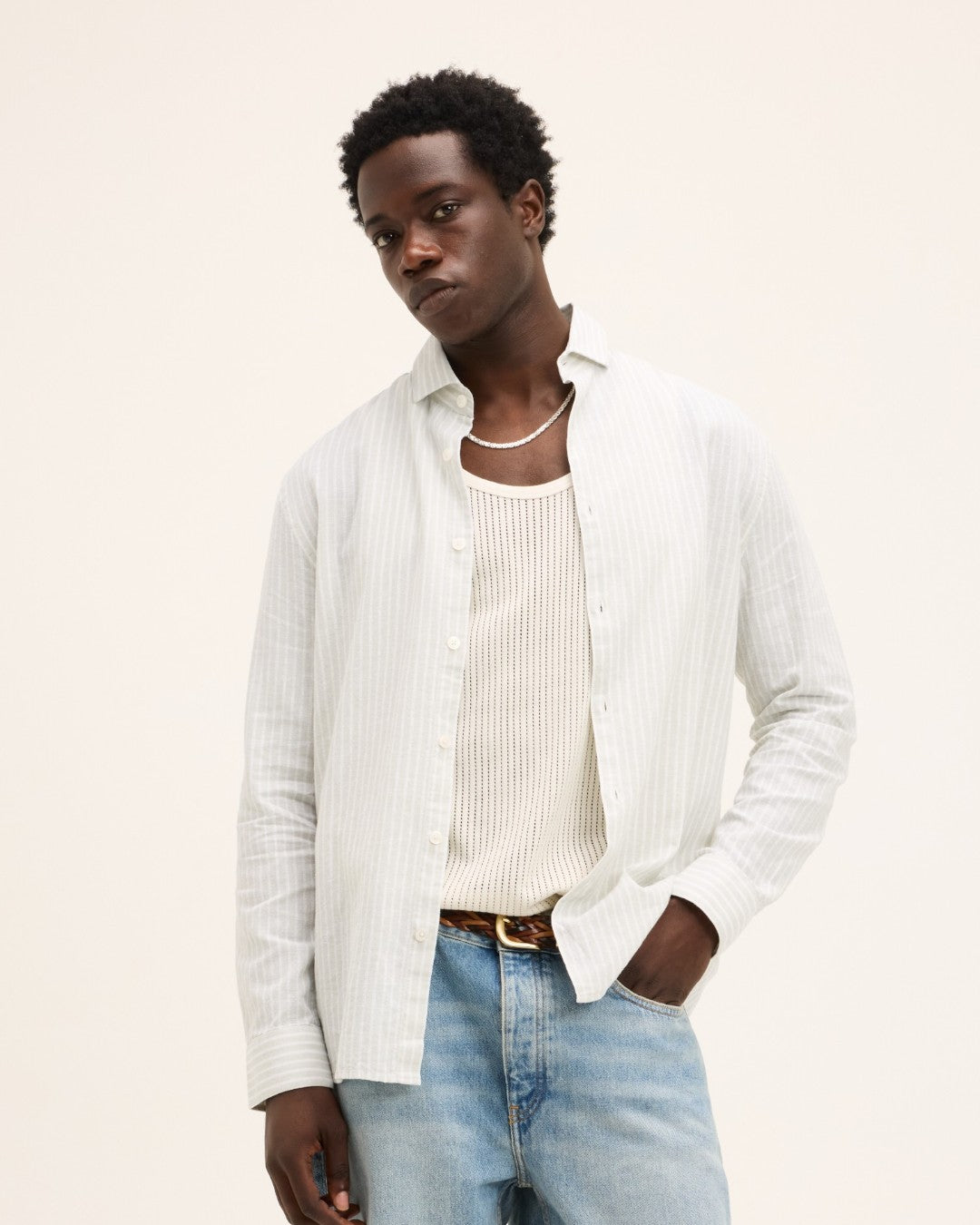 Mint Green Off White Subway Linen Blend Shirt