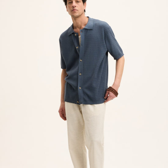 Stone Blue PVest Knitted Cotton Button Up Polo