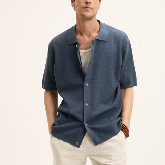 Stone Blue PVest Knitted Cotton Button Up Polo