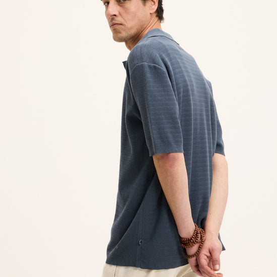 Stone Blue PVest Knitted Cotton Button Up Polo