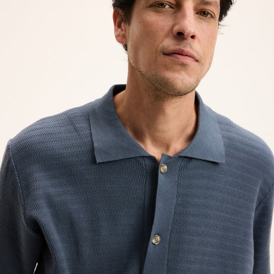 Stone Blue PVest Knitted Cotton Button Up Polo