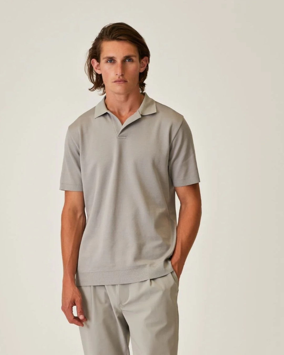 Stone Grey Daley Luxury Pique Open Collar Polo