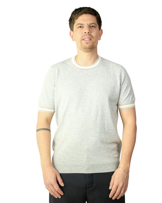 Light Grey Knitted Cotton T-Shirt Beige Collar