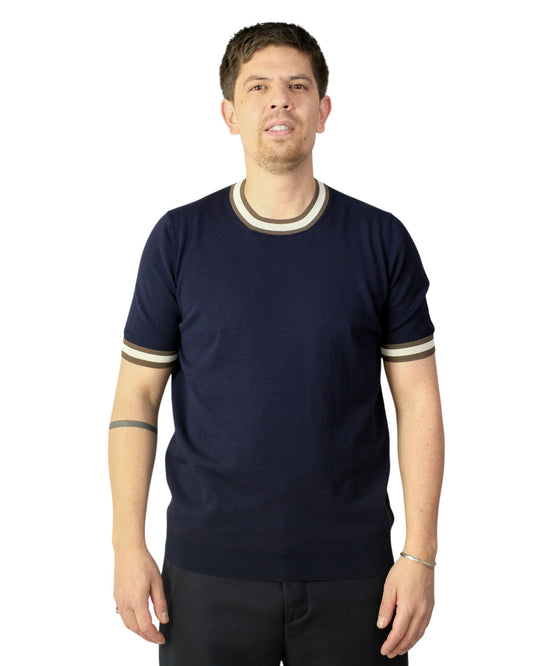 Navy Knitted Cotton T-shirt Beige Collar