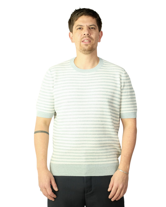 Misty Blue Cream Striped Knitted Cotton Linnen T-shirt