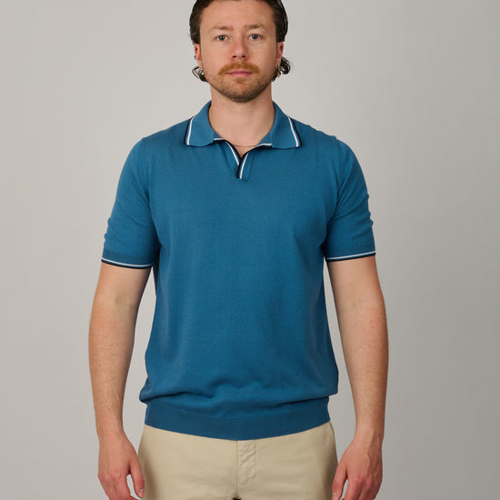 Dusty Blue Knitted Cotton Collar Striped Skipper Polo